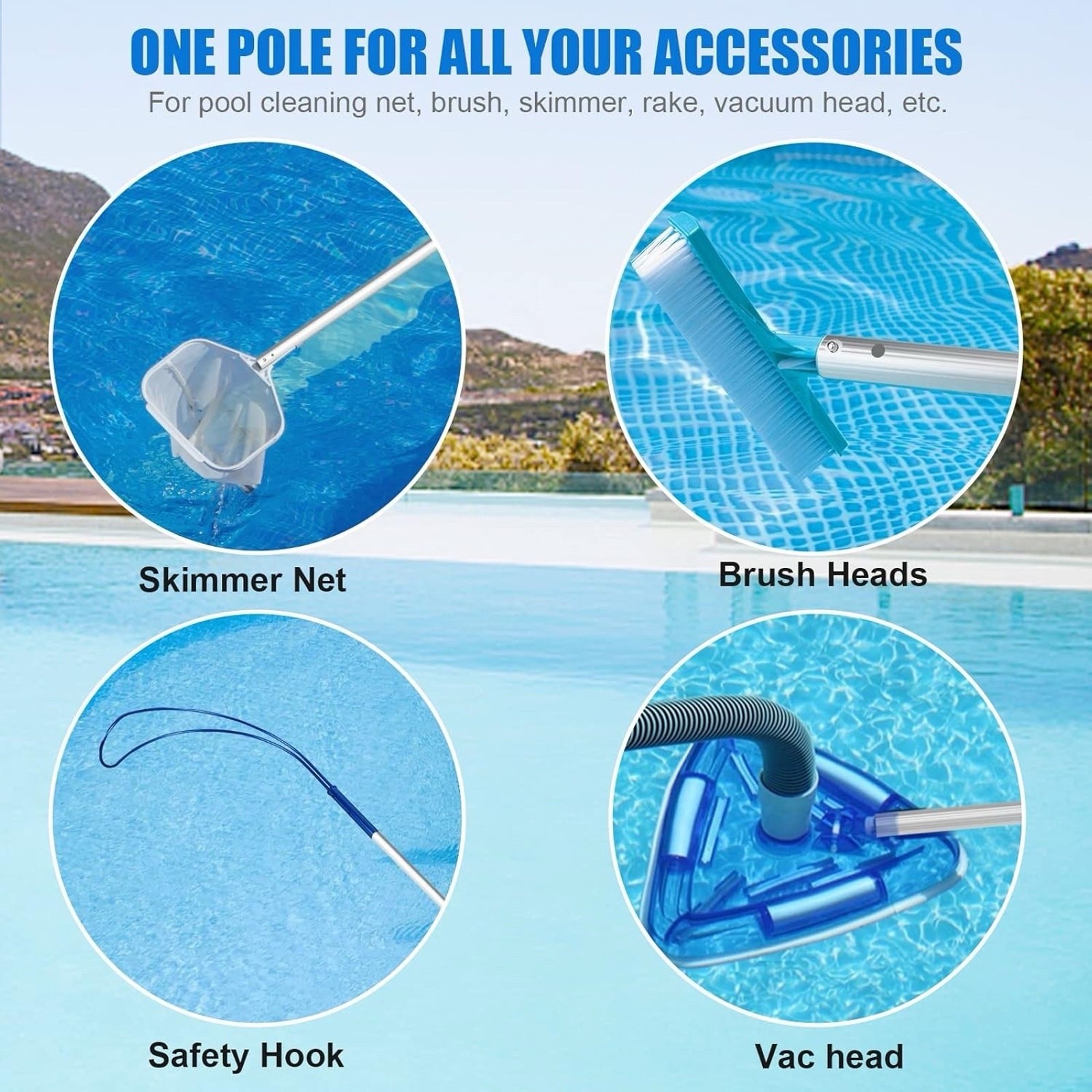 Professional 16 Foot Telescopic Aluminum Swimming Pool Pole – Attach Pool Tools