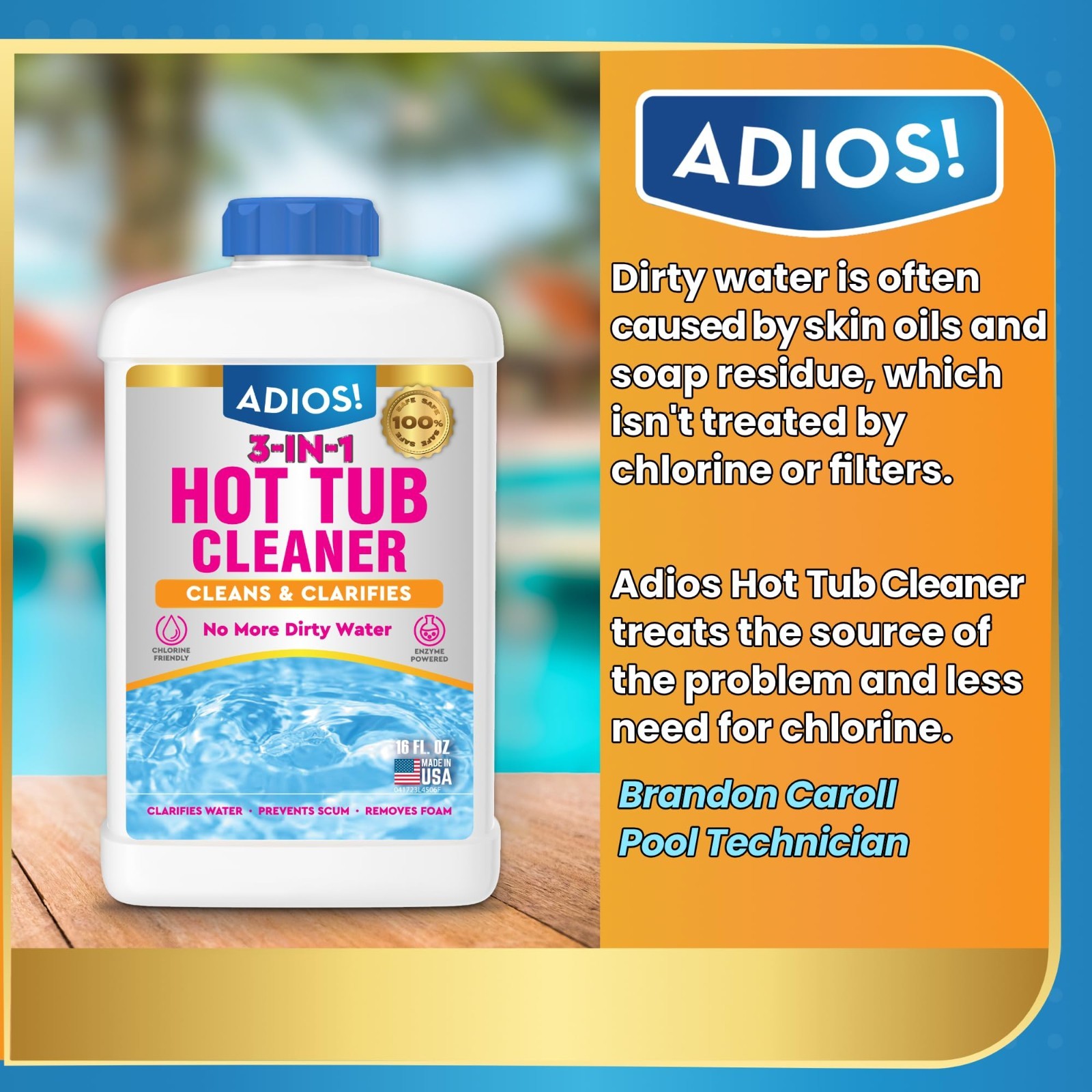 3-in-1 Spa Cleaner – Clarifies Water, Eliminates Scum & Foam, 16oz Chlorine/Brom