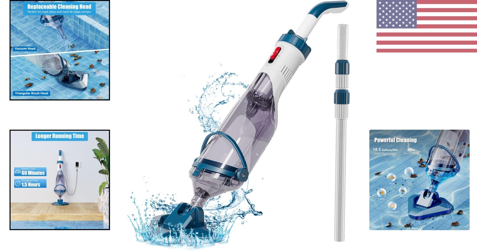 Efficient Handheld Pool Vacuum with Dual Brush Heads for Ultimate Cleaning Power