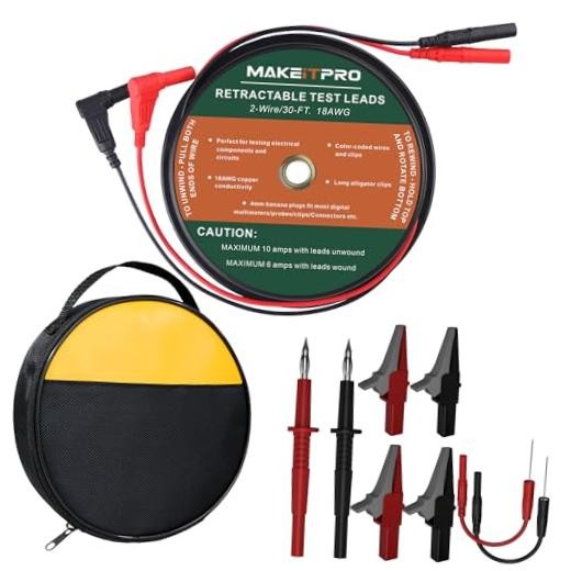 Retractable Test Leads 2 Wires 30FT 18AWG 10 in 1 Kit with Cable Bag and