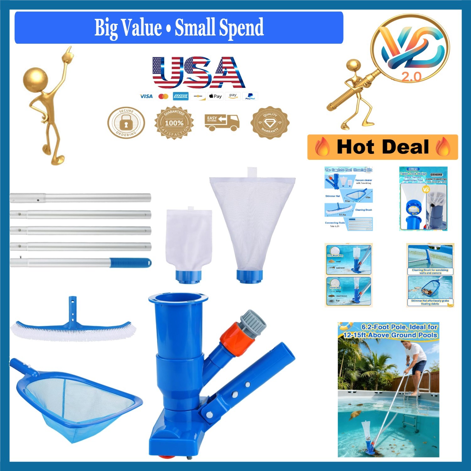 3-in-1 Pool Cleaning Kit with Vacuum Brush Skimmer & Extendable Pole