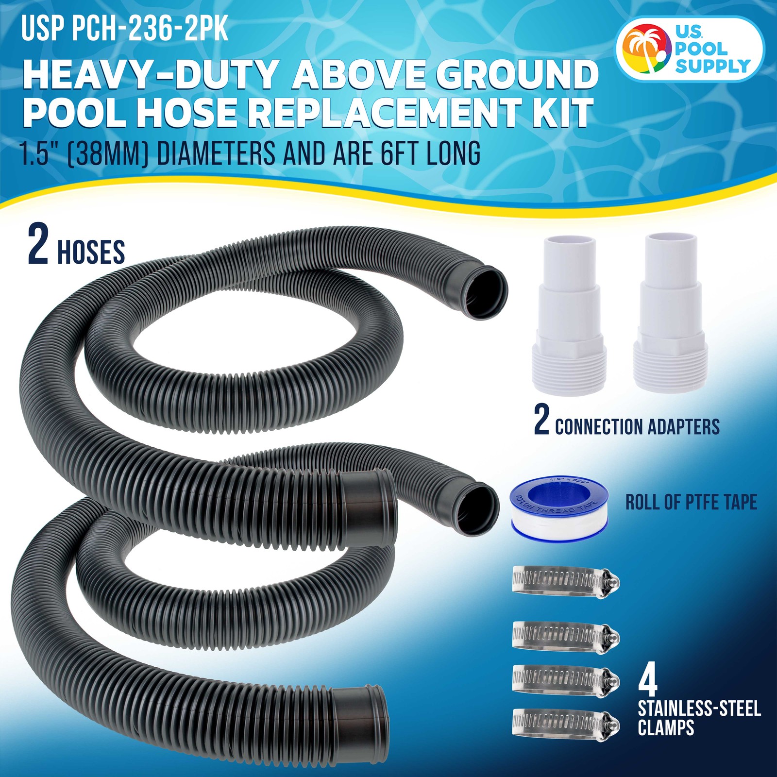 1.5&Prime; Hose Replacement Kit – 2 Silver 6&prime; Hoses, 2 Connection Adapters, 4 Clamps