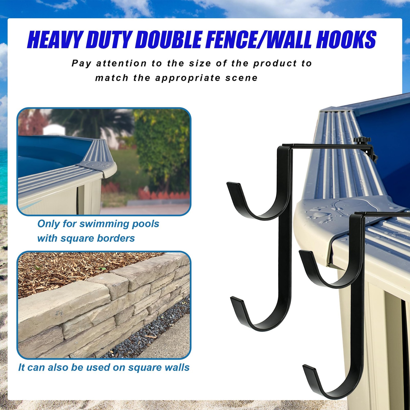 Metal Pool Pole Hangers for Above Ground Pool, Adjustable Double Hooks for Po…