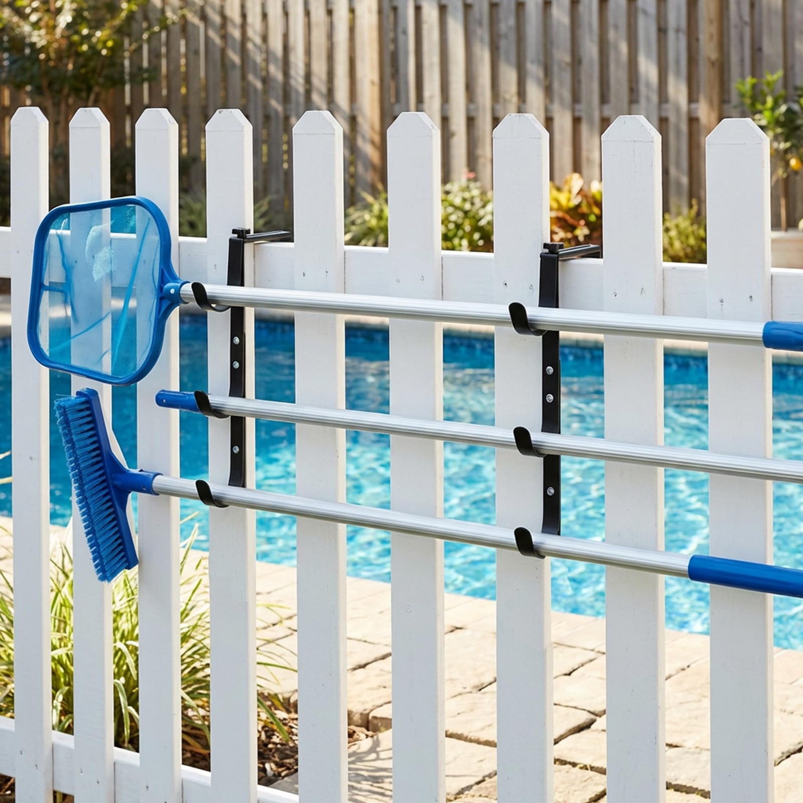 Adjustable Pool Fence Hooks for Skimmer Poles, Rakes, Nets Rustproof Holder