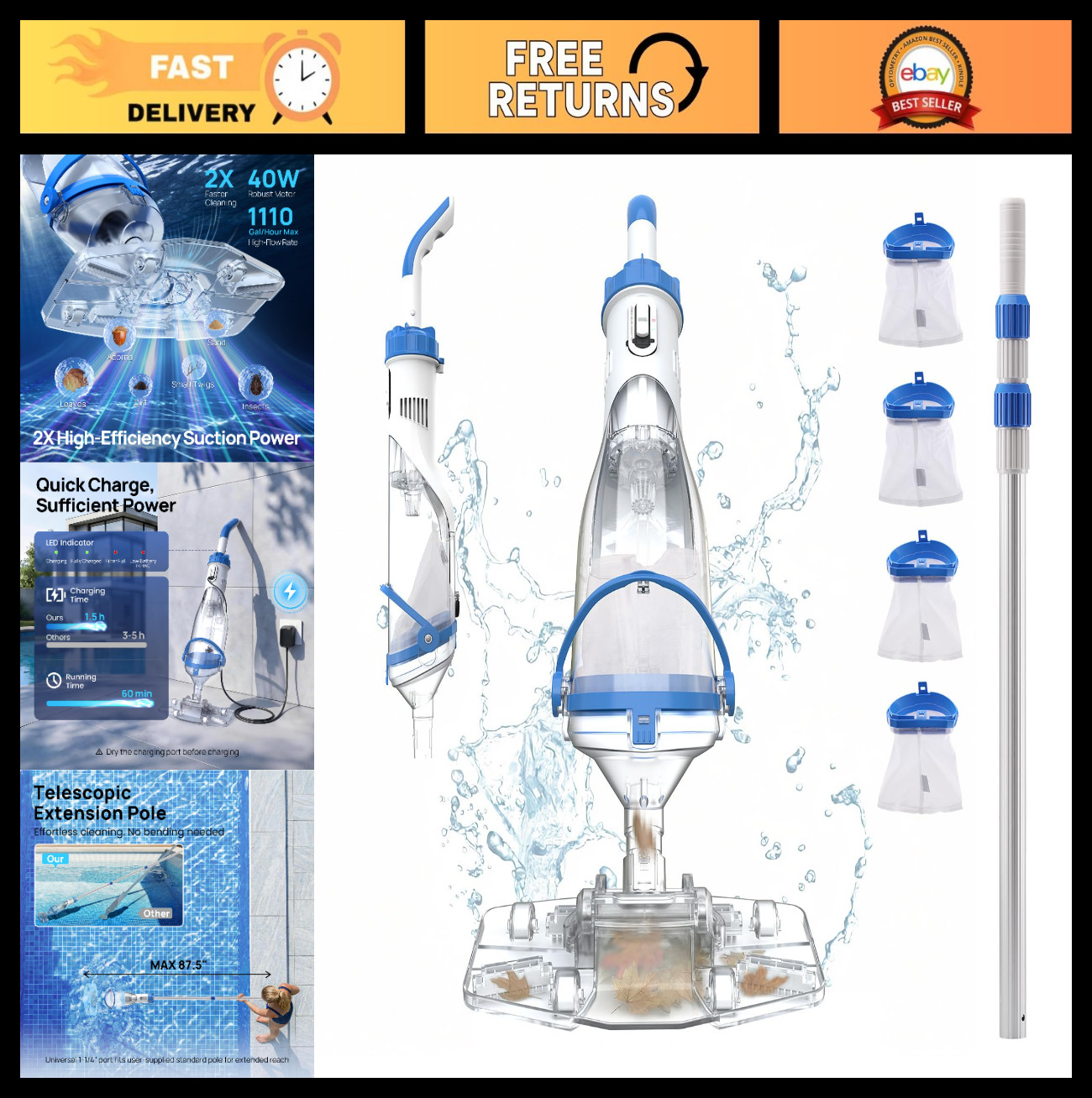 Cordless Rechargeable Pool Vacuum Cleaner for Above/In-Ground Pools, 1110 GPH Su