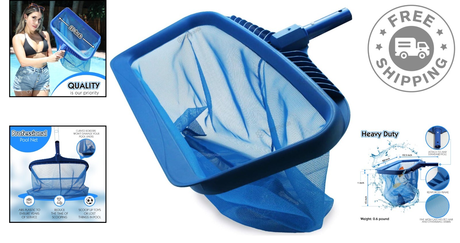 Durable Leaf Rake for Pools – Deep Mesh Bag & Universal Holder Included