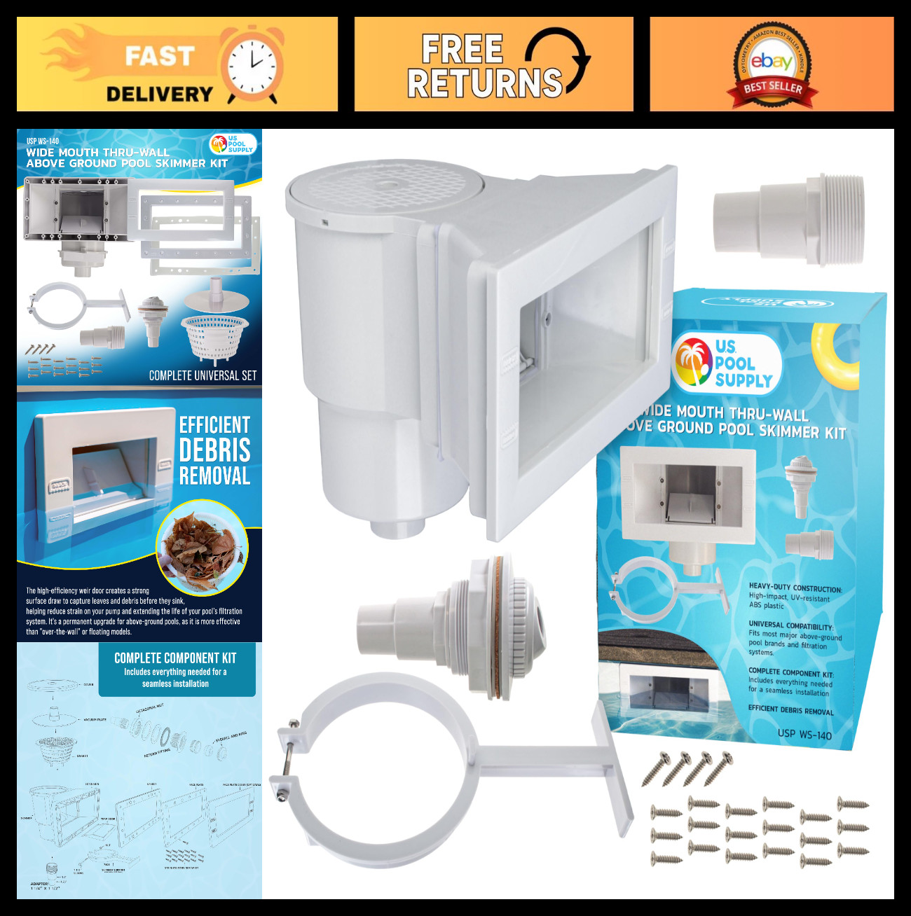 Wide Mouth Thru-Wall Above Ground Pool Skimmer Kit – ABS, Complete Set, Vacuum P