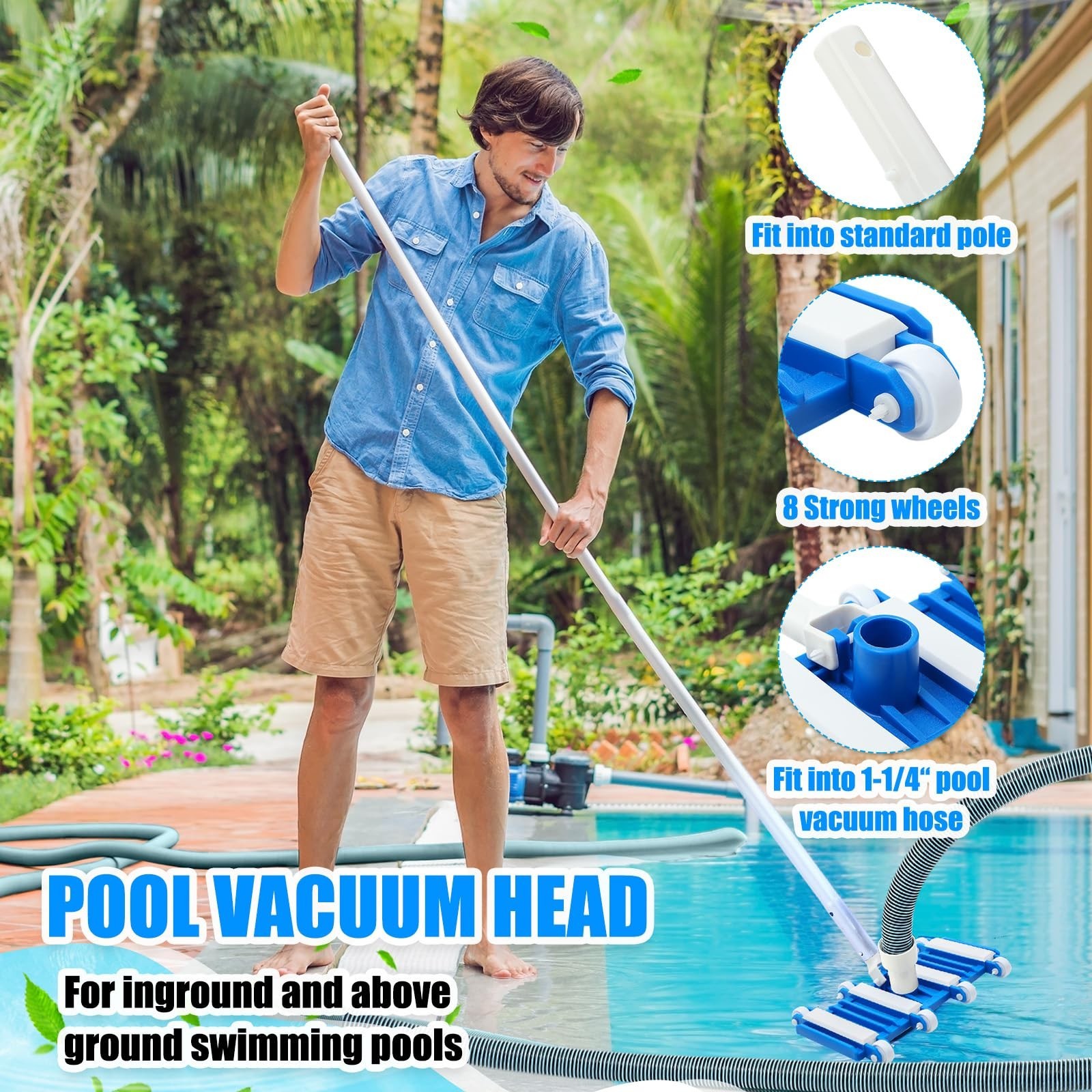 3 Pcs Pool Cleaning Kit – Vacuum Head, 30ft Hose, 14&Prime; Brush for Inground/Above G