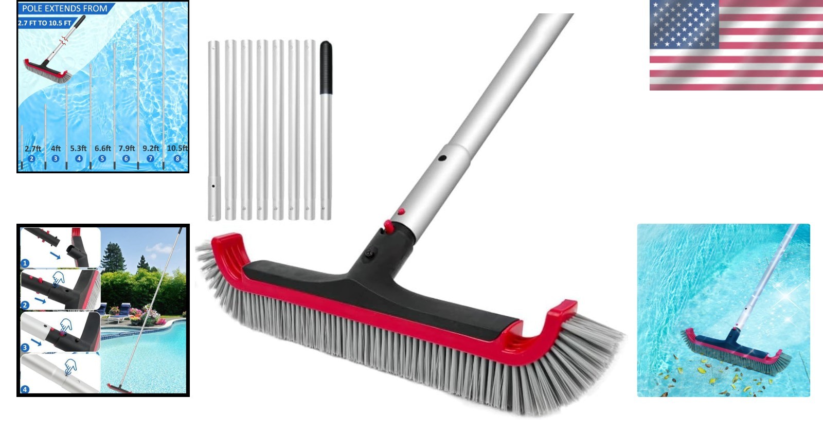 Curved-End Pool Brush – 17.5&Prime; Head & 10FT Adjustable Pole for Ultimate