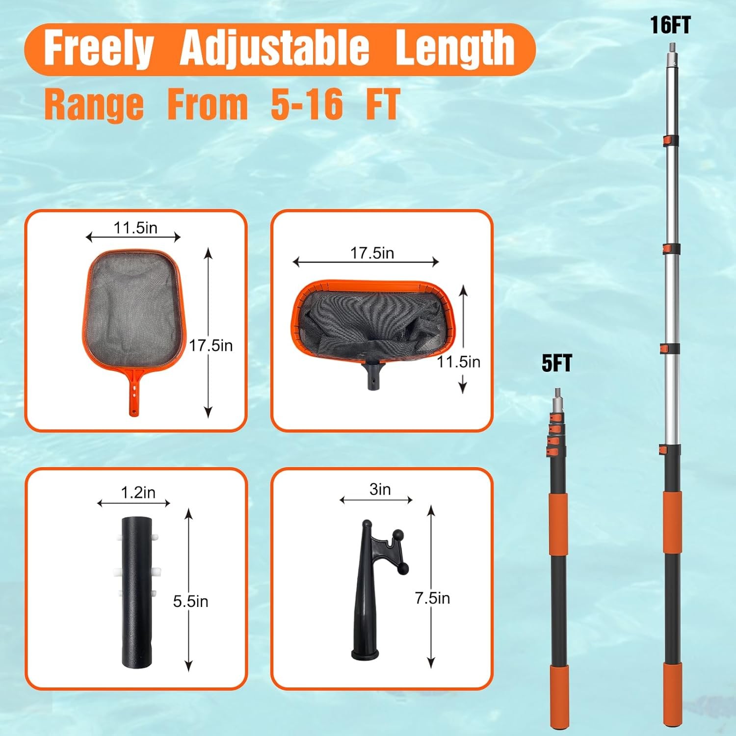 LAANPOLE 4-in-1 Pool Skimmer Net with Pole, Heavy Duty Pool Net and Fine Mesh
