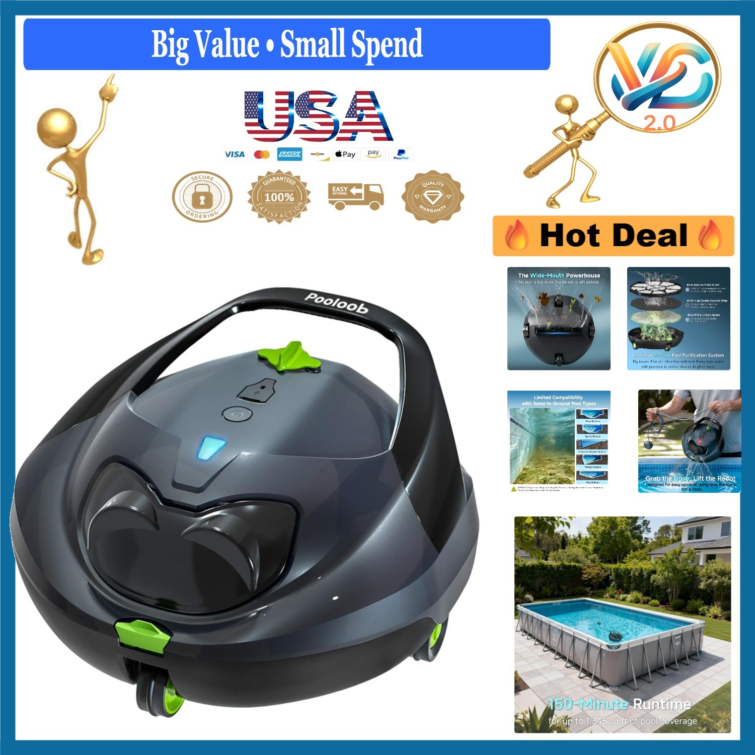 PF1 Cordless Robotic Pool Cleaner 150 Min Runtime 1345 Sq.Ft Deep Gray