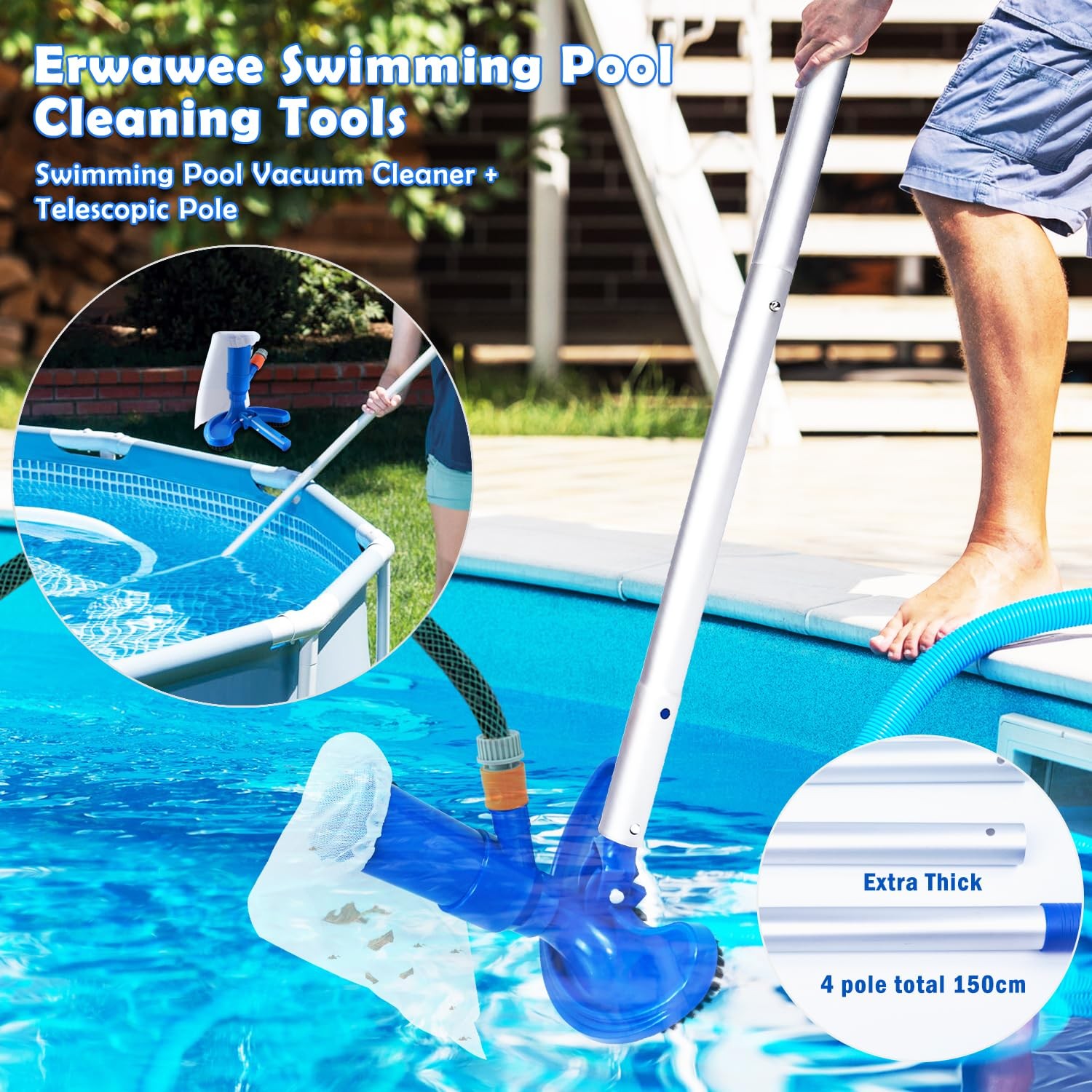 Pool Vacuum Cleaner with Telescopic Pole Aluminium Rod 1.5m 4 Sections, Pool …