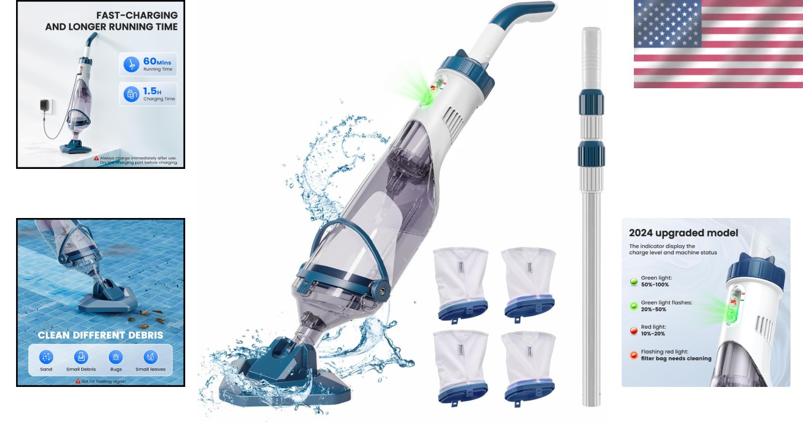 Lightweight Cordless Pool Vacuum with 5 Reusable Filter Bags for Easy Cleaning