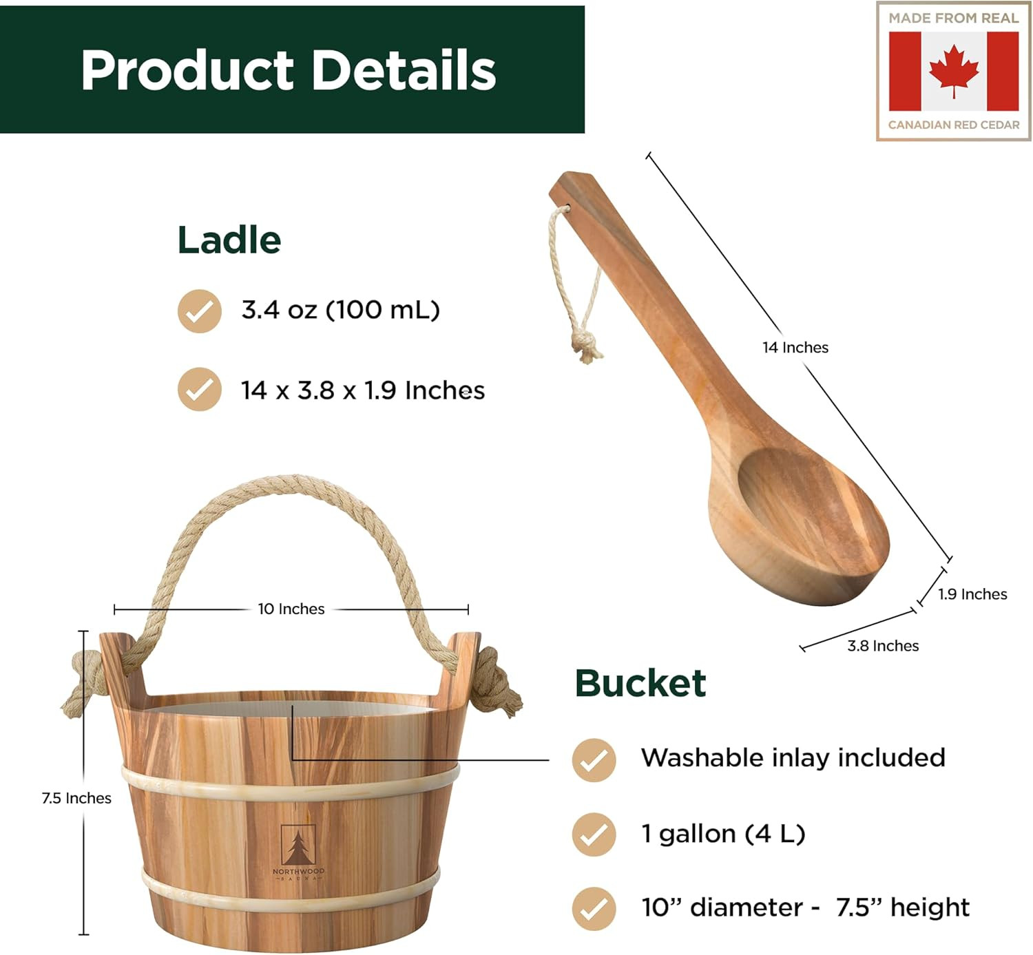 Handmade Canadian Cedar Sauna Bucket & Ladle Set – 1 Gallon Capacity