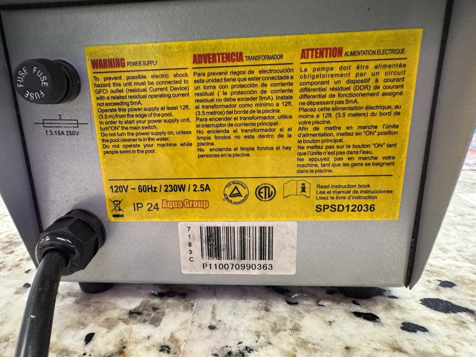 Pool Power Supply Aquagroup 7 Hrs 3 PRONG SPSD12036 120V-60hz / 230w / 2.5a