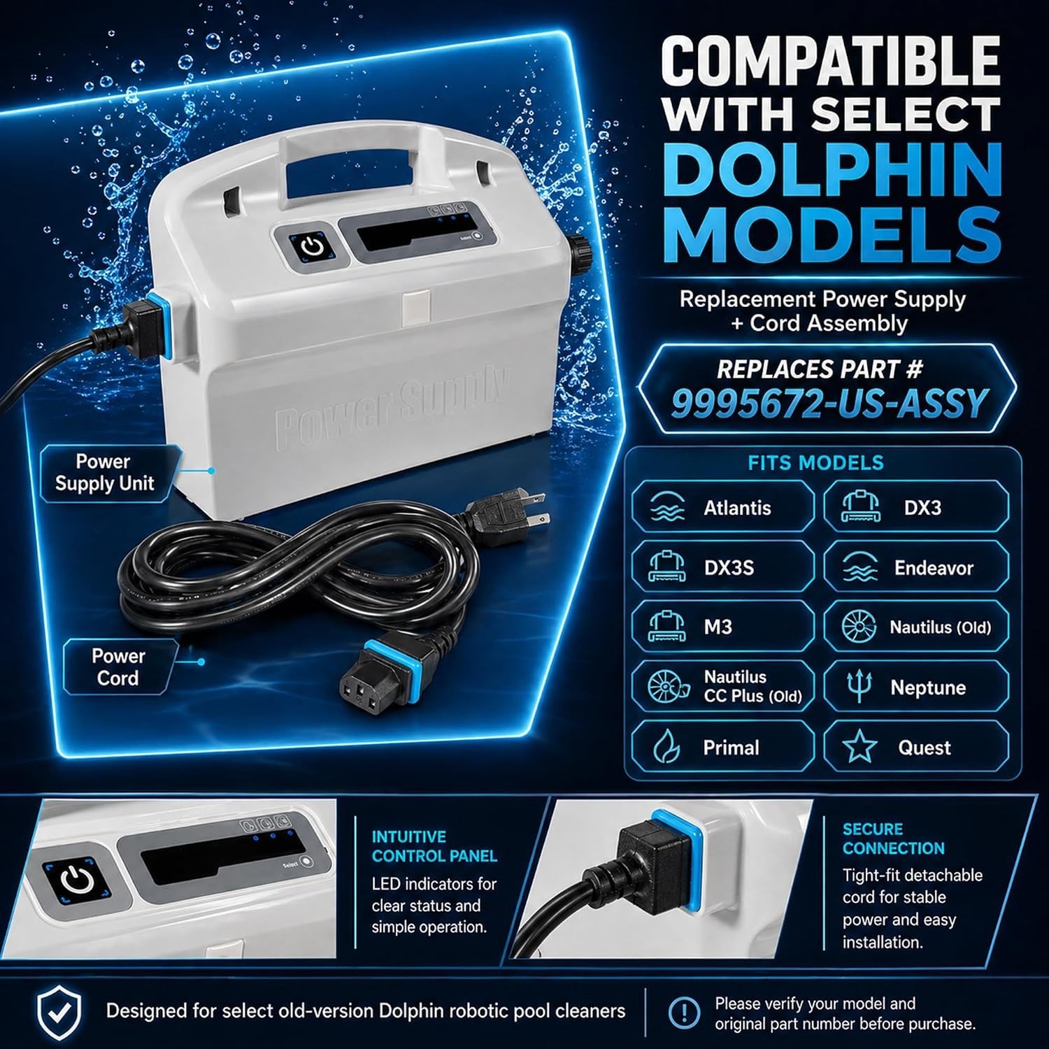 9995678-US-ASSY Power Supply with Power Cord for Maytronics Dolphin Pool Cleaner