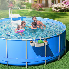 Poolside Storage Basket Above Ground Pool Holder w/ 2 Cup Holders