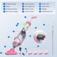 Handheld Pool Vacuum with Telescopic Pole, Rechargeable, 18.5 GPM