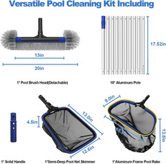 Poolvio 5-In-1 Pool Cleaning Kit – Includes Semi-Deep Skimmer Net, Aluminum Leaf