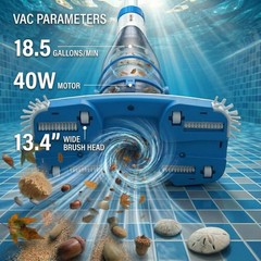Pool Vacuum Rechargeable 18.5 GPM Suction, 13.4&Prime; Head, 60-Min Runtime