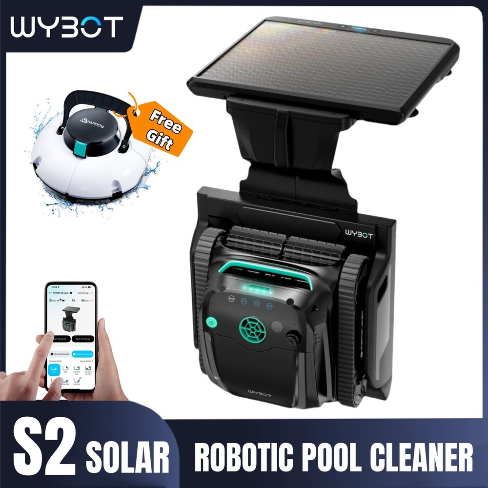 WYBOT S2 Solar Powered Wall Climb Robotic Pool Vacuum Cleaner Robot + Free Robot