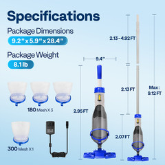 Cordless Rechargeable Pool Vacuum Handheld Cleaner w/ Telescopic Pole 60min IPX8