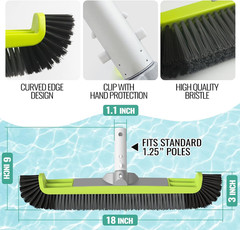 18&Prime; Pool Brush Head for Cleaning Swimming Pool Walls, Curved Ends High-Efficienc