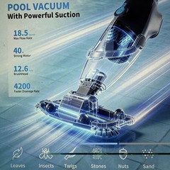 Cordless Handheld Pool Vacuum, 18.5GPM, Detachable Poll, 2x 2L Filters Bags