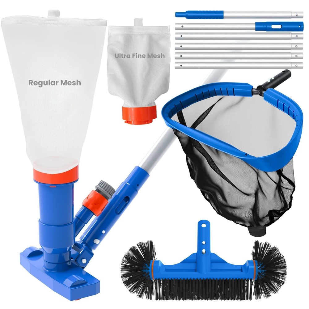 Poolvio Pool Cleaning Kit with Spa Jet Vacuum Cleaner, 8-Foot Pole, Leaf Rake…