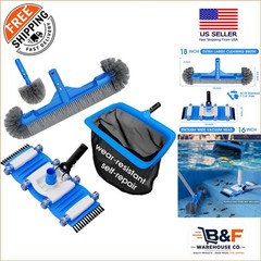 3-in-1 Pool Cleaning Kit: 18-inch Brush, Ergonomic Vacuum Head & Fine Mesh Net