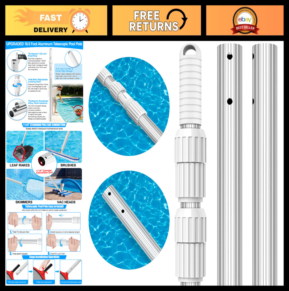 16.5ft Telescopic Pool Cleaning Pole – Adjustable Heavy Duty Aluminum Skimmer Ra