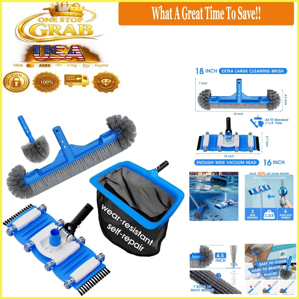 3-in-1 Pool Cleaning Kit with Brush, Vacuum, Net for Above Ground & In-ground…