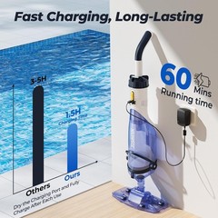 Lightweight Above Ground Pool Vacuum – 60 Min Runtime with Widened Nozzle Design