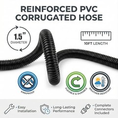 Corrugated Pond Tubing – Flexible, Kinkproof, 1-1/2 Inch 10 Feet – Black