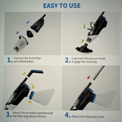 Cordless Handheld Pool Vacuum, 18.5GPM, Detachable Poll, 2x 2L Filters Bags