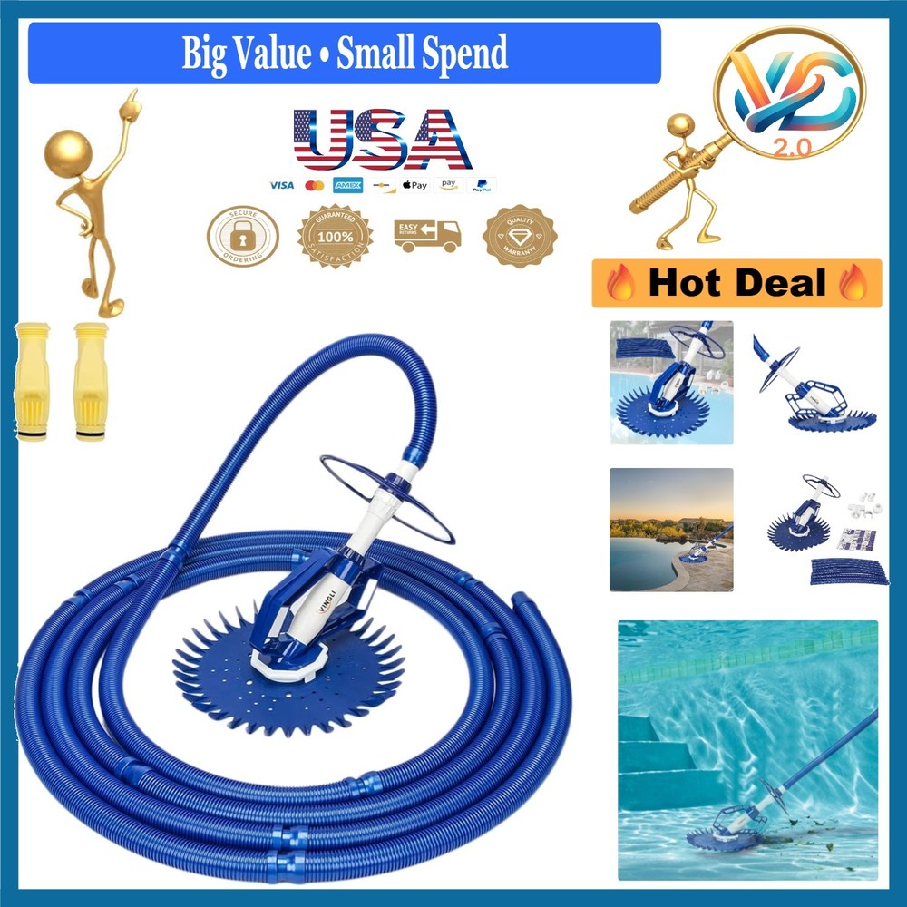 Blue Automatic Pool Vacuum Cleaner Suction Powered, Includes 10 Hoses & Spare…