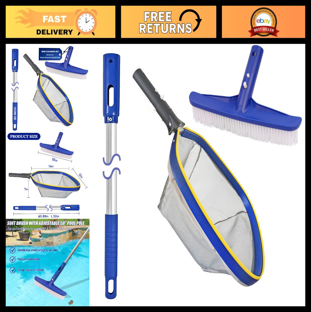 Swimming Pool Cleaning Kit – 14&Prime; Brush, 50&Prime; Telescopic Pole & Mesh Skimmer Net