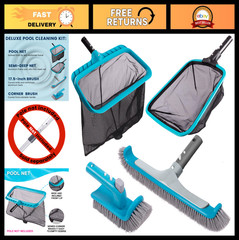 4-Piece Pool Cleaning Kit – Curved Wall Brush, Hand Scrubber, Leaf Rake & Skimme