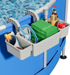 Poolside Storage Basket Above Ground Pool Holder w/ 2 Cup Holders