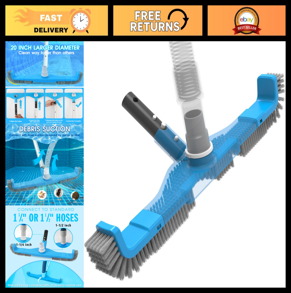 20&Prime; 2-in-1 Pool Brush Vacuum Head with Swivel Hose & Durable Nylon Bristles for