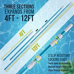 12ft Telescopic Aluminum Pool Pole – Skimmer, Rake, Brush, Vacuum Handle, 3-Piec