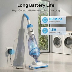 Pool Vacuum Rechargeable 18.5 GPM Suction, 13.4&Prime; Head, 60-Min Runtime