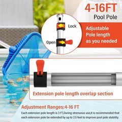 Pool Pole Telescopic Extendable 16FT 4 Baffle Locks Universal 1.25&Prime; Pole