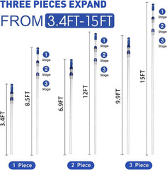 15 FT Telescopic Pool Pole – Adjustable 3 Piece Aluminum Pool Skimmer Pole for P