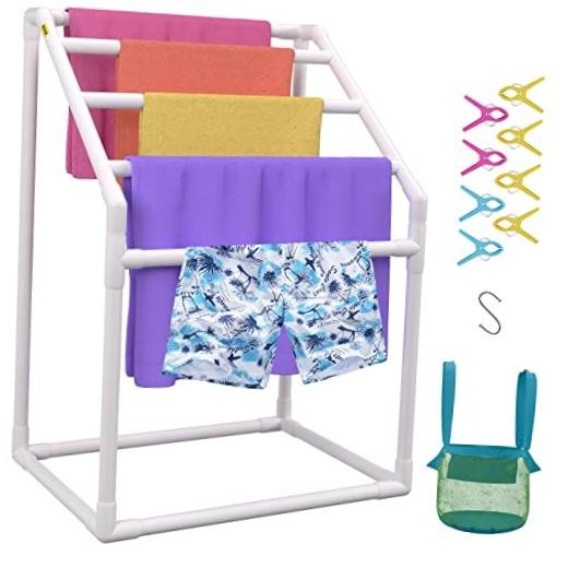 Pool Towel Rack, Freestanding Outdoor PVC Trapedozal Poolside 5 Bar White