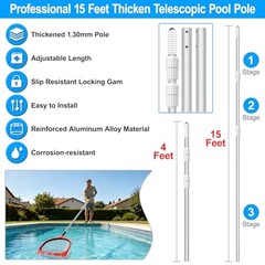 UPGRADED Pool Pole 15 Foot Telescopic Swimming Pool Poles,Telescopic 15 Feet