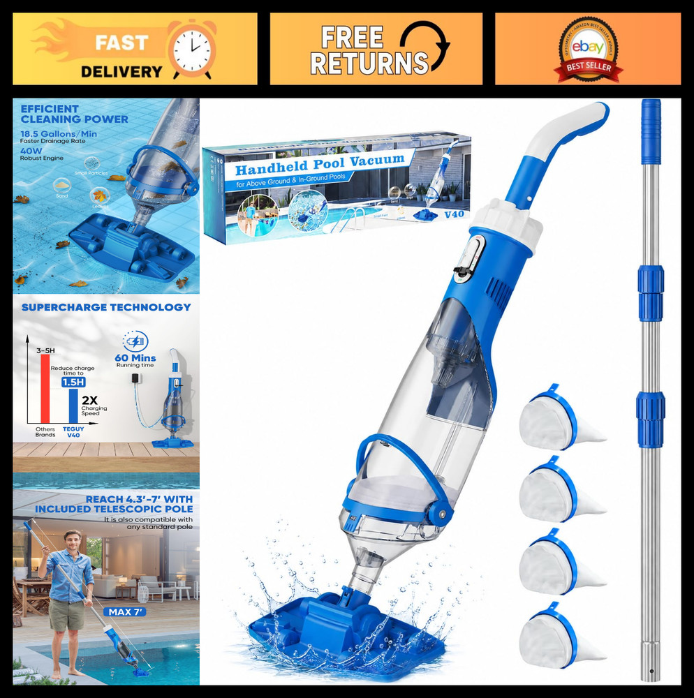 Cordless Pool Vacuum Cleaner – 18.5 GPM Suction, Telescopic Pole, 1.5H Charge, I