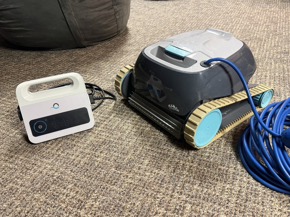 Dolphin Robotic Pool Cleaner Vacuum w/ Power Supply, Power Cord, Gray/Blue/Tan