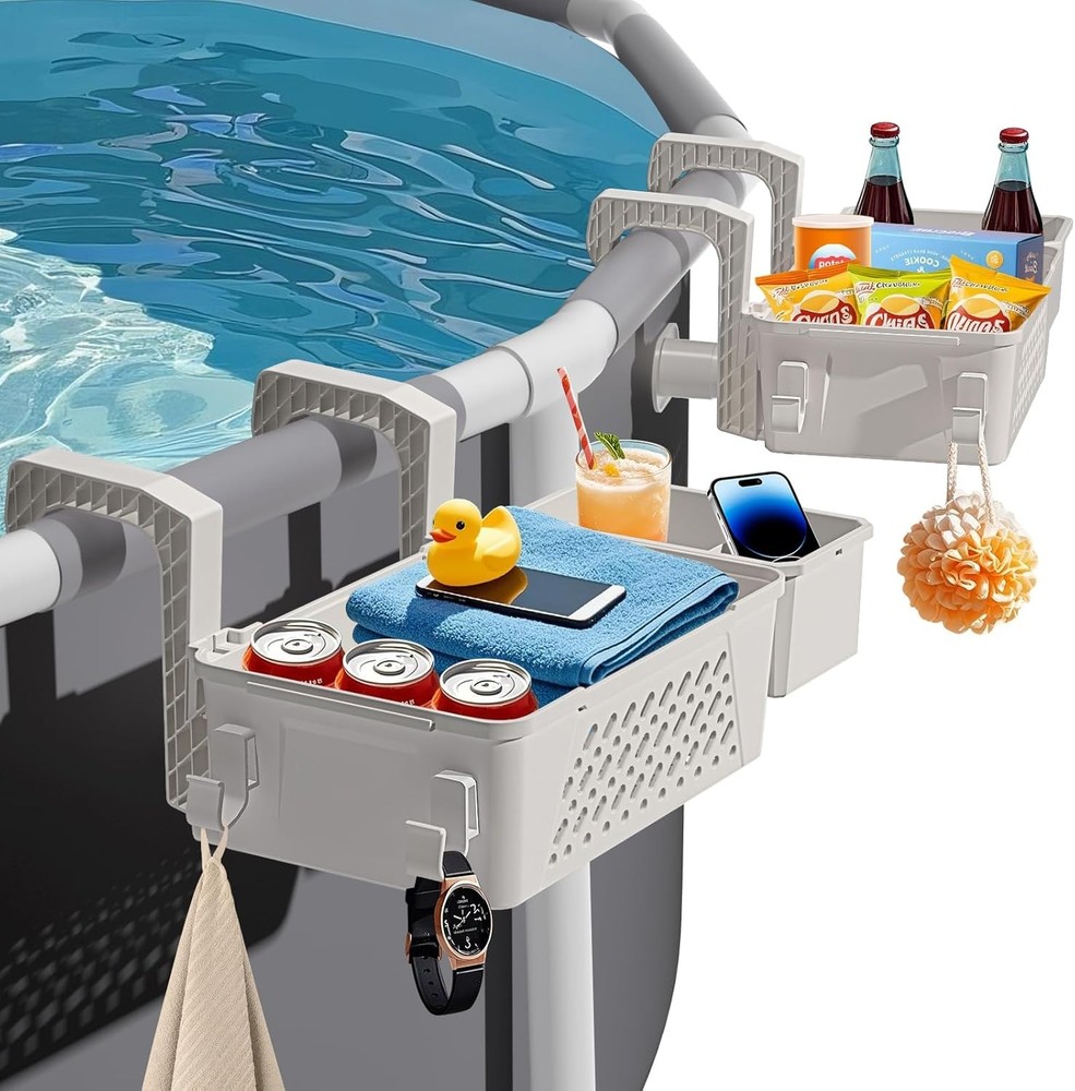 Pool Storage Basket 2 Pack with Cup Holders Hooks Organizer Above Ground Pool