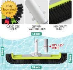 18&Prime; Pool Brush Head for Cleaning Swimming Pool Walls, Curved Ends High-Efficienc